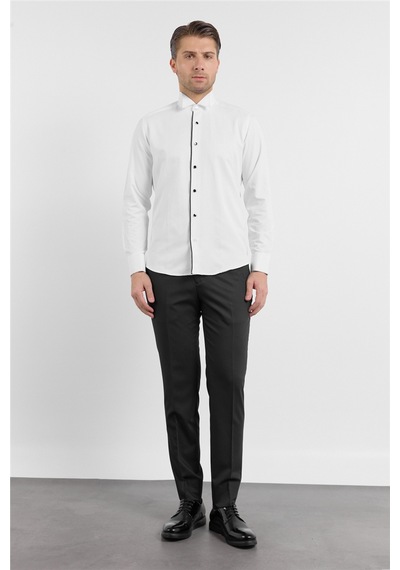 İmza Beyaz Uzun Kol Ata Yaka Düz Pamuklu Slim Fit Gömlek 1004260215