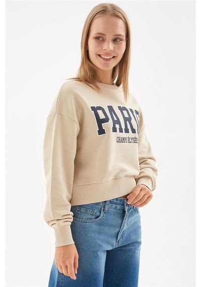 Fashion Frends Fashion Friends Baskılı Crop Sweat Bej Bej / Beige