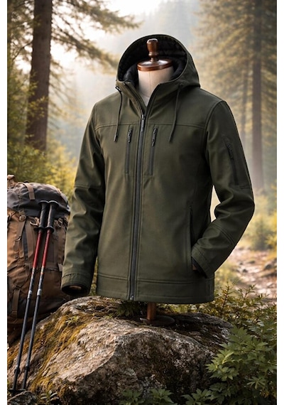 Vatan Tekstil Erkek Slim Fit Softshell Kapüşonlu Erkek Mont Su İtici Rüzgar Geçirmez Haki