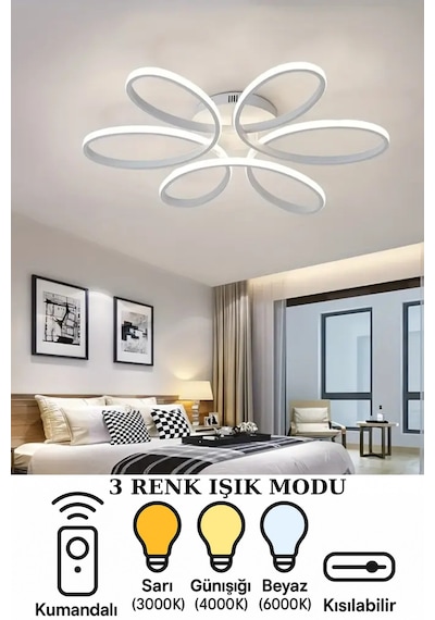 Papatya 6'lı Beyaz Renkli Plafonyer Üç Renk Işıklı, Kumandalı Modern Ledli, Salon, Hol, Mutfak Avize