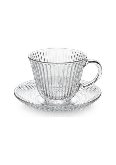 Kristal Çizgi Desen 6 Kişilik Tabaklı Lüks Cam Çay Fincan Takımı - 200 Ml. Şeffaf