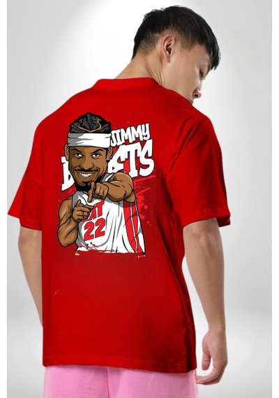 Jimmy Butler Basketbol Kırmızı Oversize Unisex Ön Ve Sırt Baskılı Tişört Kırmızı