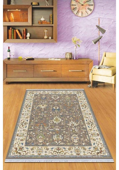 Haki Çerçeveli Dokuma Pamuk Taban Kaymaz Kilim Klm023n11