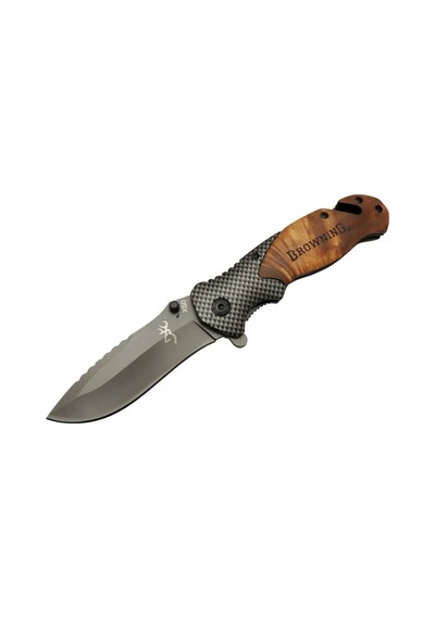 X50 Kahverengi Kurtarma / Kamp Çakısı 20,5cm- Yarı Otomatik, Kemerlikli, Ahşap Sap, Cam Kırma Ve İp Kesme Aparatlı Asorti