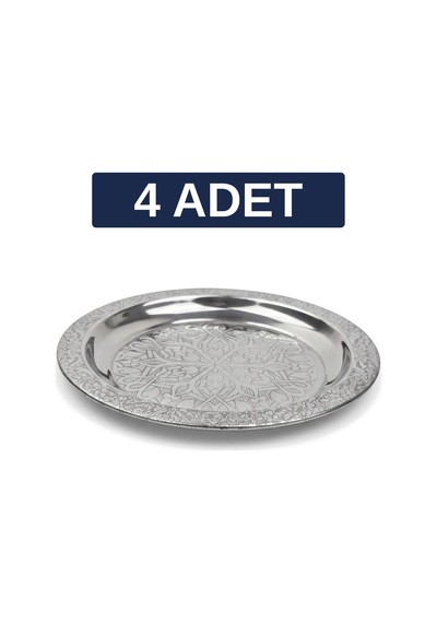 Binbir Trend 18 Cm İşlemeli Kenarlı Otantik Desenli Krom Çelik Meze Ve Servis Tabağı 4 Adet