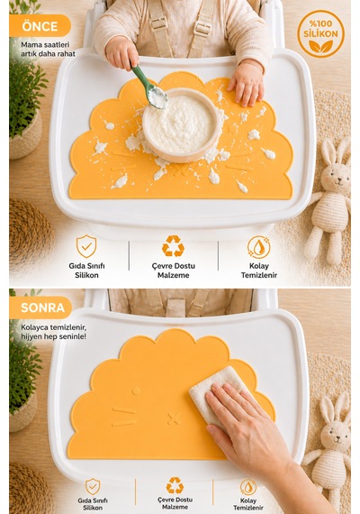 Siliconly %100 Silikon Bebek Beslenme Matı Kolay Temizlenebilir Mama Altlığı Sarı