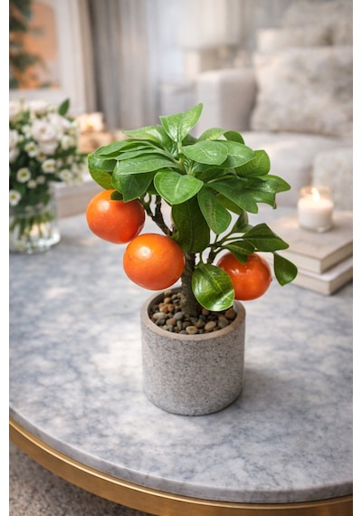 Yapay Mandalina Ağacı Saksılı 26 Cm Dekoratif Bitki Gerçek Görünümlü Mini Narenciye Ağacı