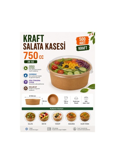 750 Cc Kraft Salata Kasesi 500 Adet 26 Oz Kâğıt Salata Kabı - 913791966