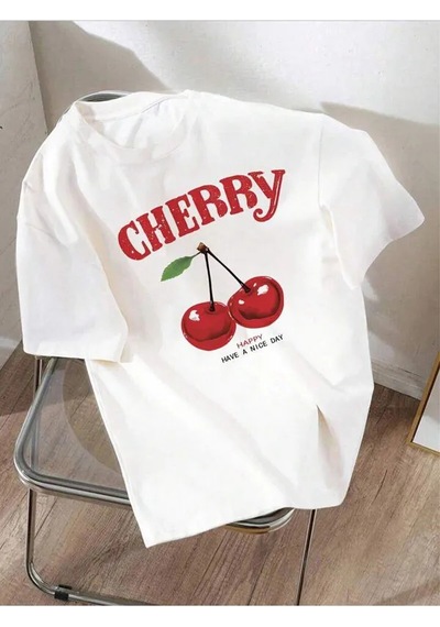 Unisex Happy Cherry Tasarım Basklı Tshirt Beyaz