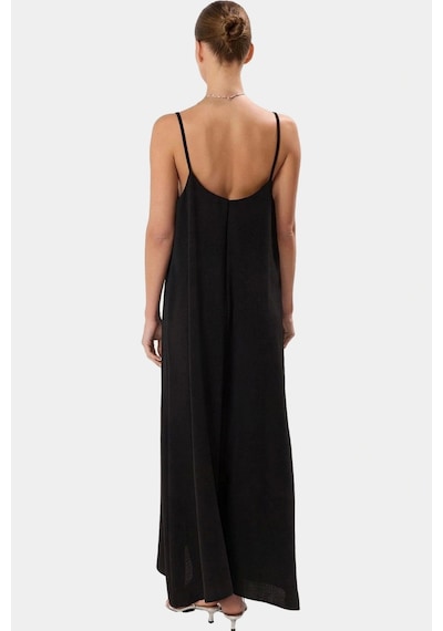 Ersefa Şık V Yaka Kolsuz Maxi Elbise 130cm Boy Polyester Dokuma Rahat Se Siyah