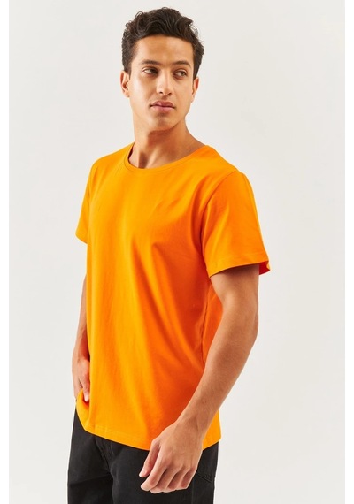 Erkek Oversize Rahat %100 Pamuklu Penye Bisiklet Yaka Kısa Kol Basic T-shirt Turuncu