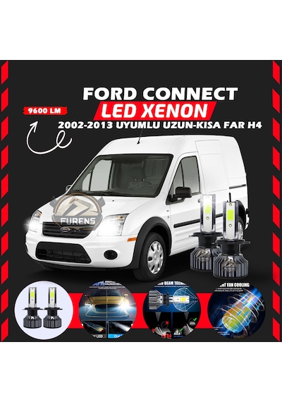 Ford Connect 2002-2013 Uzun - Kısa Far Uyumlu Şimşek Etkili Led Xenon Pro Series H4