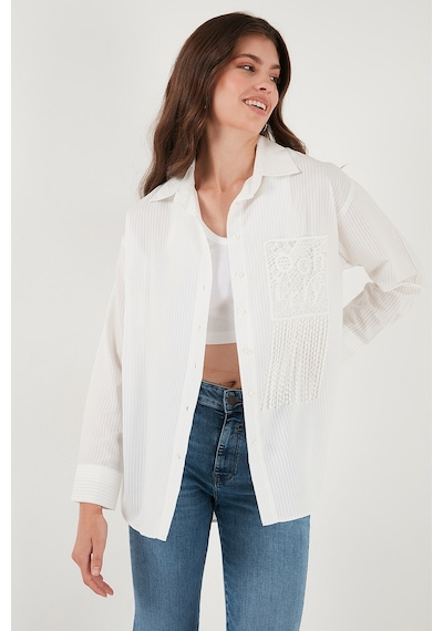 Lela Regular Fit Güpürlü Cep Detaylı Uzun Kollu Bayan Gömlek 6773215 Beyaz