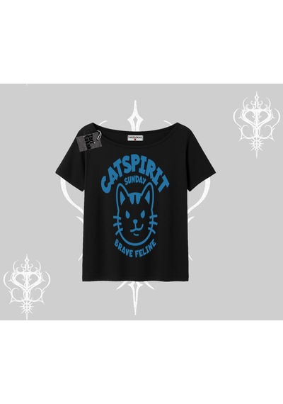 Startmore Startmore Catspirit Sunday Brave Feline Yazılı Kedi Baskılı Kayık Yaka Tshirt Siyah
