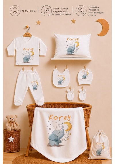Pia Baby Kişiye Özel %100 Pamuk Erkek Bebek Hastane Çıkışı Zıbın Seti 8 Parça Kese Hediyeli 2068zybk3x Ekru