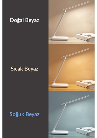 2li Set Şarjlı Masa Lambası + Kronometreli Öğrenci Saati Renk Ayarlı Ders Çalışma Okuma Lambası Beyaz