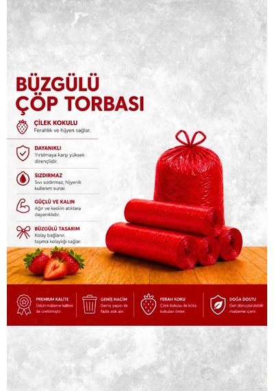 Büzgülü Çöp Poşeti Çilek Kokulu 65 70 Cm Büyük Boy 5 Rulo Dayanıklı Sızdırmaz Kalın Çöp Torbası