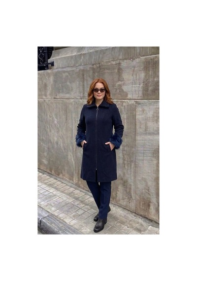 Onno Style Women Kol Ağzı Kürklü Çelik Örgü Triko Kadın Kaban Lacivert