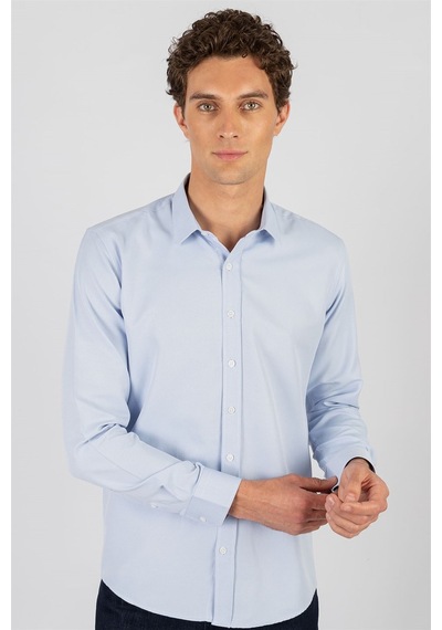 Tudors Modern Slim Fit Dar Kesim Armürlü Erkek Gömlek-24764 Mavi
