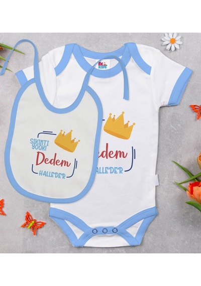 Bk Kids Sıkıntı Yok Dedem Halleder Tasarımlı Mavi Bebek Body Zıbın Ve Mama Önlüğü Hediye Seti-1 Çok Renkli