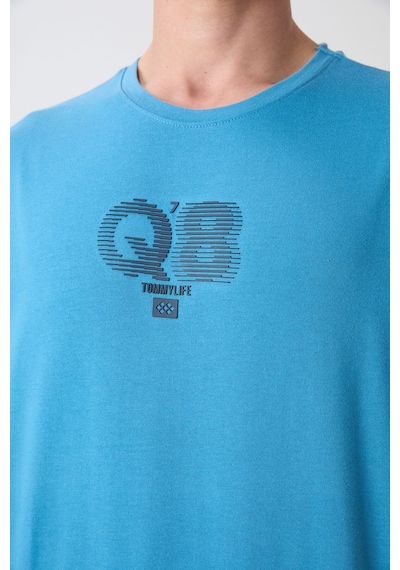 Tommy Life Petrol Mavi Pamuklu Kalın Yumuşak Dokulu Oversize Fit Baskılı Erkek T-shirt - 88333 Petrol Mavi