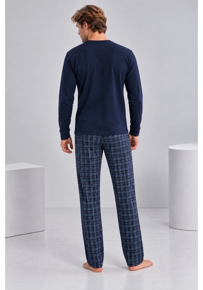 Pijamask Erkek Lacivert Ekose Pantolonlu Cepli Uzun Kollu Pijama Takımı Lacivert