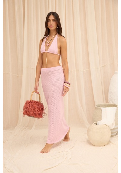 Mai Collection Pangestu Üçgen Pembe Crop Etek Triko Takım