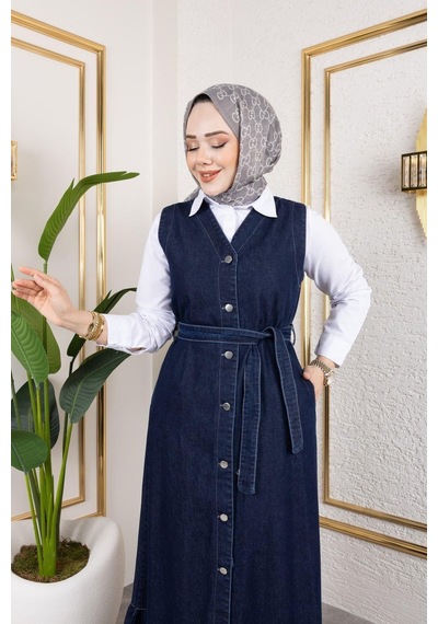 Harman Butik Kadın Düğmeli Kuşaklı Kot Jile Lacivert Lacivert