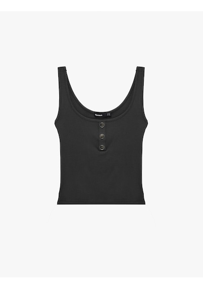 Koton Viskon Kumaş Slim Fit Düğmeli Henley Yaka Atlet Bluz Siyah 7wak10039ek