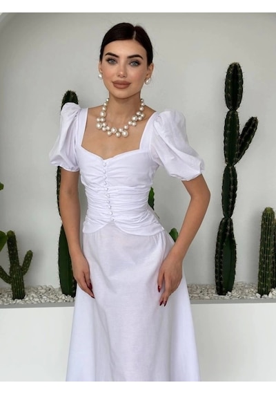 Defymoda Kare Yaka Düğmeli Elbise Beyaz