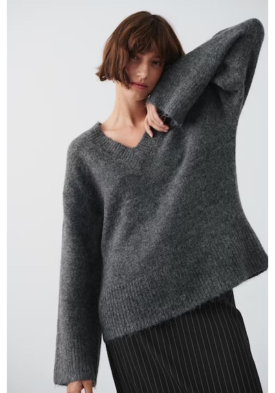 Madmext Antrasit V Yaka Oversize Kadın Triko Kazak Mg2149-antrasit Antrasit