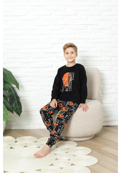 Yeni Stil Sonbahar/kış Erkek Çocuk Basketball Desenli Polar Pijama Takımı 4562 Siyah