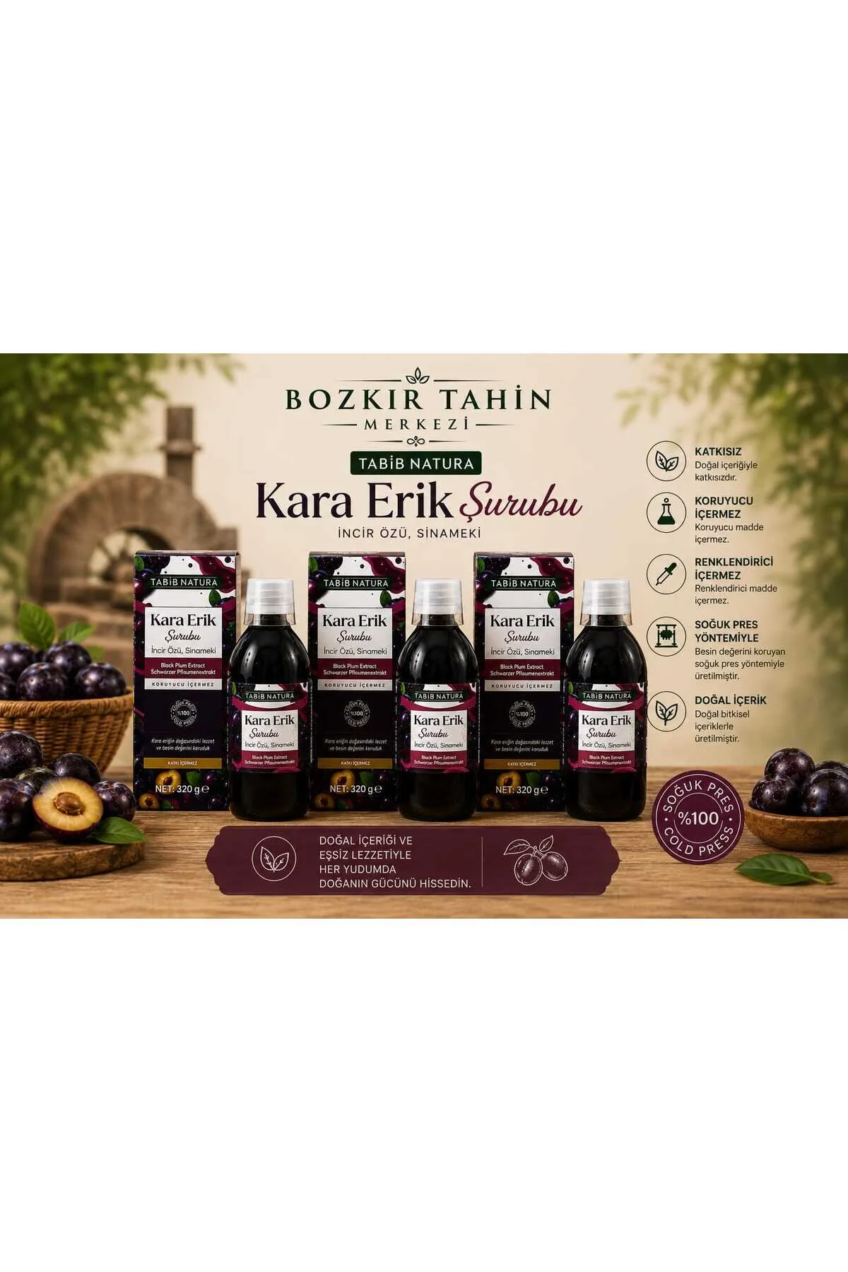 Bozkır Tahin Merkezi Kara Erik Şurubu İncir Özü Ve Sinameki İçerikli Şurub 320 Gr- 3 Adet Koruyucu İçermez&vegan