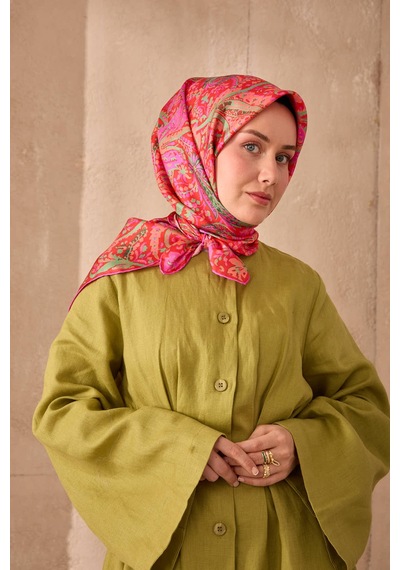 Silk Home Twill İpek Eşarp 11473-24 Pembe, Kırmızı, Biskay Yeşili