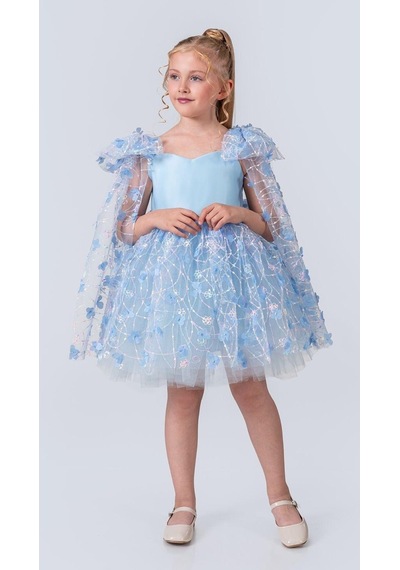 Mnk Baby & Kids Çiçek Brode Desen İmeros Kız Abiye M00736 Mavi
