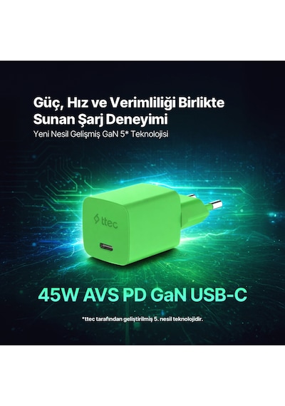 Ttec Smartcharger Gan 45W Avs PD Seyahat Hızlı Şarj Aleti + USB-C - USB-C 3A 120 CM Kablo Neon Yeşil