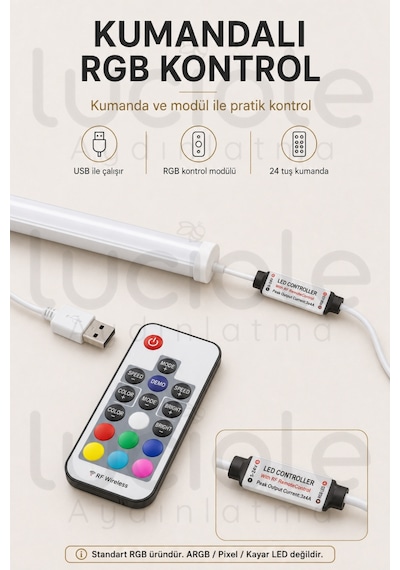 Rf Kumandalı Rgb Led Bar 100 Cm Usb Renk Değiştiren Yapışkanlı Dolap Raf Tezgah Aydınlatma