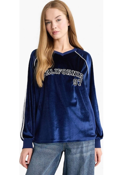 Defacto Oversize Geniş Kalıp V Yaka Baskılı Kadife Sweatshirt G3728ax25wnnv58 Lacivert-nv58