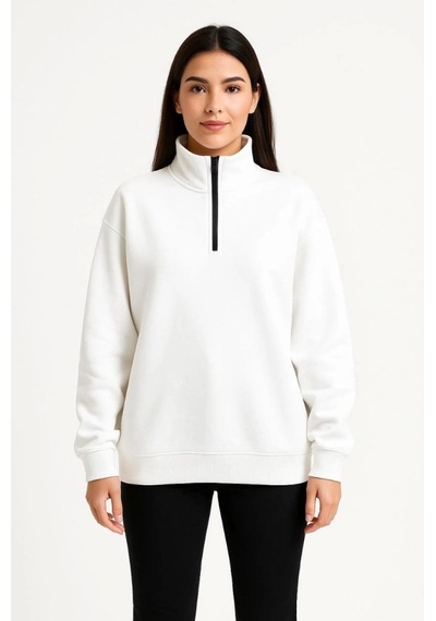 Valensdesign Üç İplik Dık Yaka Yarım Fermuarlı Sweatshirt - Beyaz