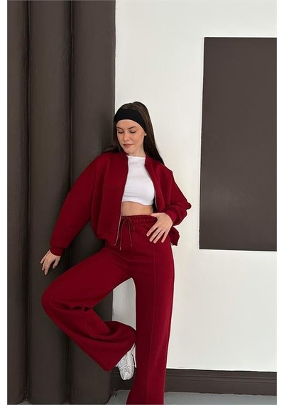 Neşeli Butik Kadın Fermuarlı 3 İplik Eşofman Takımı Nbesf01 Bordo