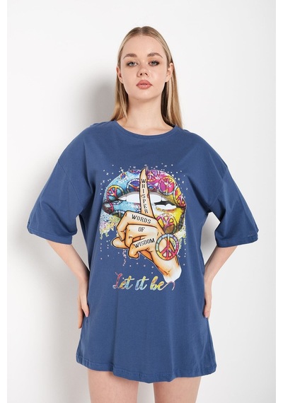 Flood Of Style Kadın Indigo Let It Be Baskılı Oversize T-shirt Lacivert