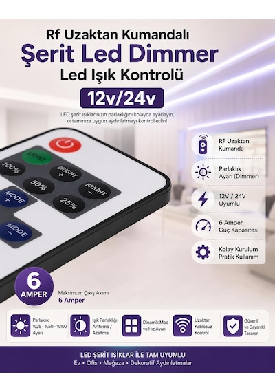 Unichrome Rf Uzaktan Kumandalı Şerit Led Dimmer Led Işık Kontrolü 12v/24v Diğer