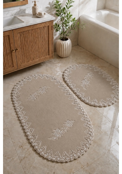 Altın 2li Fransız Dantelli Lüks Banyo Paspası Kaymaz Tabanlı Çeyizlik Hediyelik Oval Banyo Paspas Se