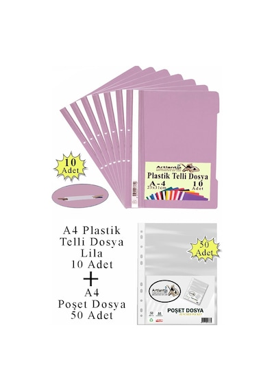 Telli Dosya Plastik A4 10 Lu Ve Poşet Dosya 50 Li 1 Paket Ekonomik Kaliteli Şeffaf Kapak Telli Dosya Okul Büro Ofis Lila