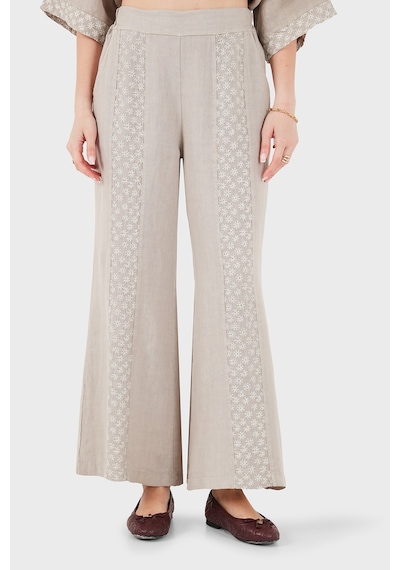 Via Dante % 100 Keten Relaxed Fit Brode İşlemeli Pantolon Bayan Pantolon 69912211 Vizon