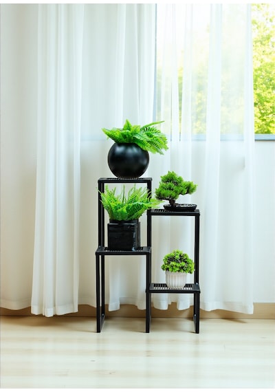 Dekoratif Metal 4 Raflı Saksılık Katlı Dikey Saksı Standı Çiçeklik Bahçe Ve Balkon Dekoru Garden Siyah