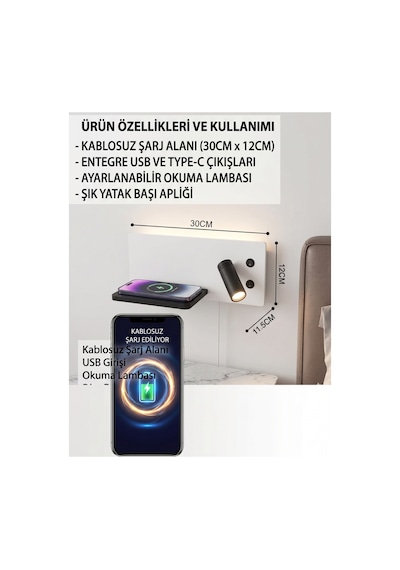 Çok Fonksiyonlu Yatak Başı Led Aplik Ve Duvar Lambası: Kablosuz Şarjlı, Ayarlanabilir Okuma Lambası, Usb Ve Type-c , Modern Beyaz Çok Fonksiyonlu Yatak Başı Led Aplik Ve Duvar Lambası: Kablosuz Şarjlı, Ayarlanabilir Okuma Lambası, Usb Ve Type-c , Modern Beyaz