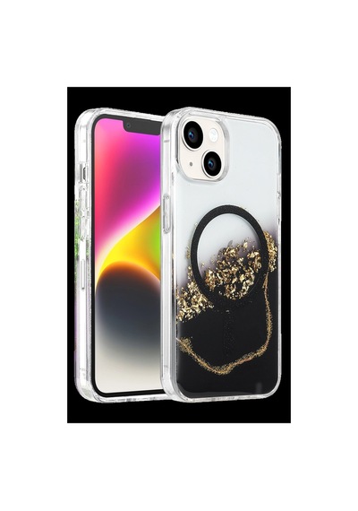 Onegif Apple iPhone Uyumlu 14 Lotus Simli Magsafe Kapak - Siyah İtdark56942