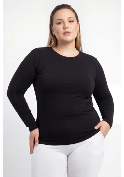 Hadpols Premium Düz Renk Tekstil Stil Kadın Büyük Beden Bisiklet Yaka Uzun Kollu Body siyah