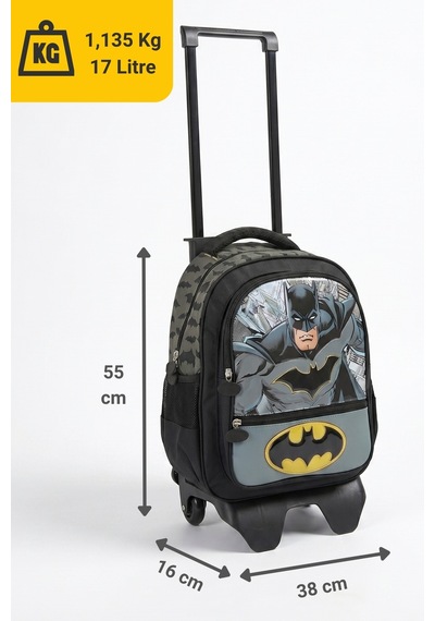 Batman Lisanslı Erkek Çocuk Okul Çantası - Üç Bölmeli Çıkarılabilir Çekçekli Sırt Çantası - Siyah/gri 2026